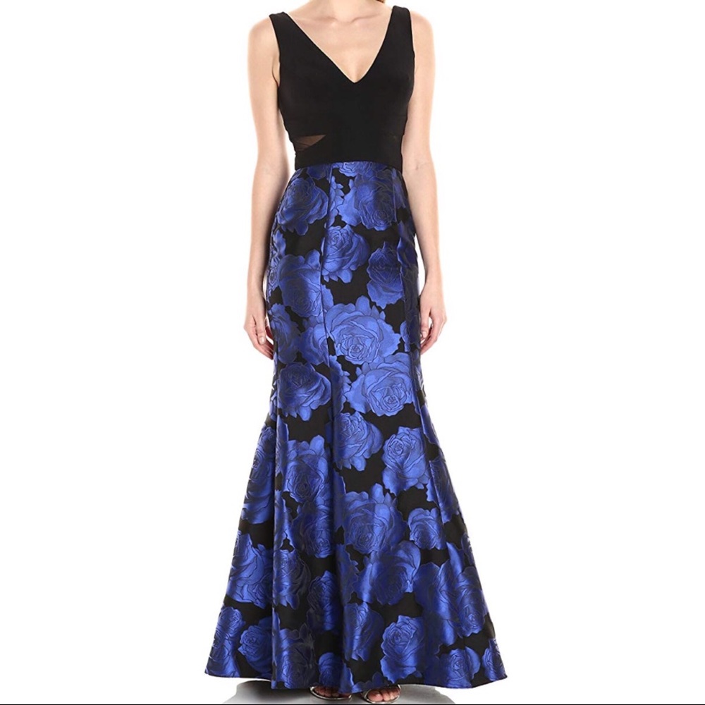 Long Blue Floral Brocade Mermaid Dress